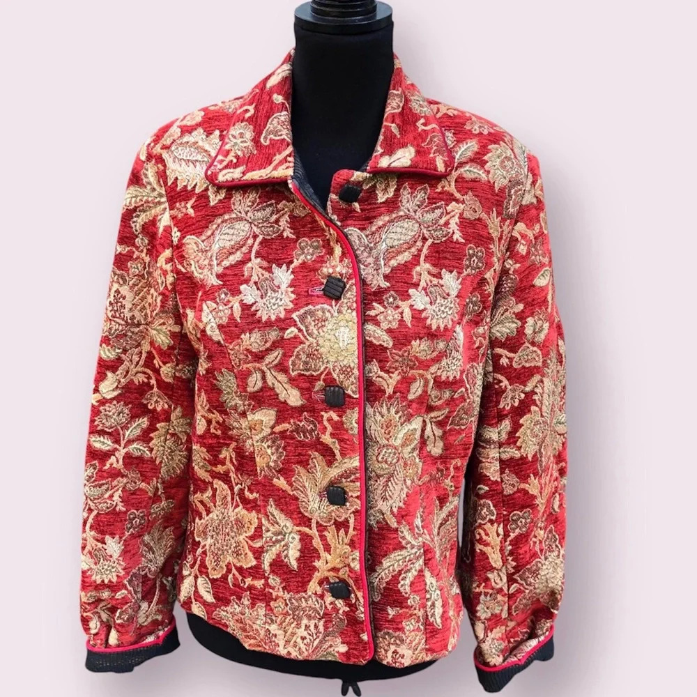 Mary Lynn O'Shea Hand Made Tapestry Jacket Size S‎ Red Floral Artesian Woven